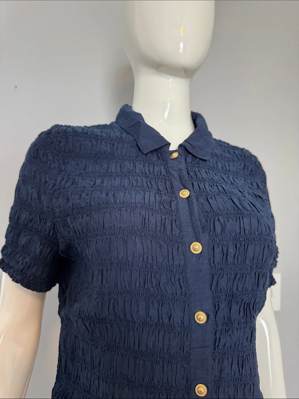 J. Crew Navy Smocked button-up shirt in cotton-blend voile